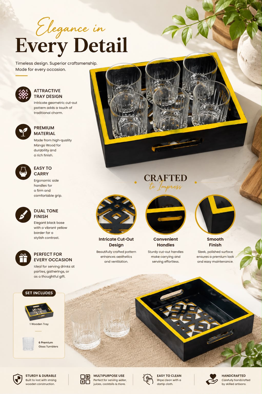 Premium Wooden Serving Tray with 6 Glasses Set | Black & Gold Serving Tray with Premium Glass Tumblers | Tea, Juice, Whisky, Water, Cocktail & Mocktail Serving Set | Home, Office, Party & Gift