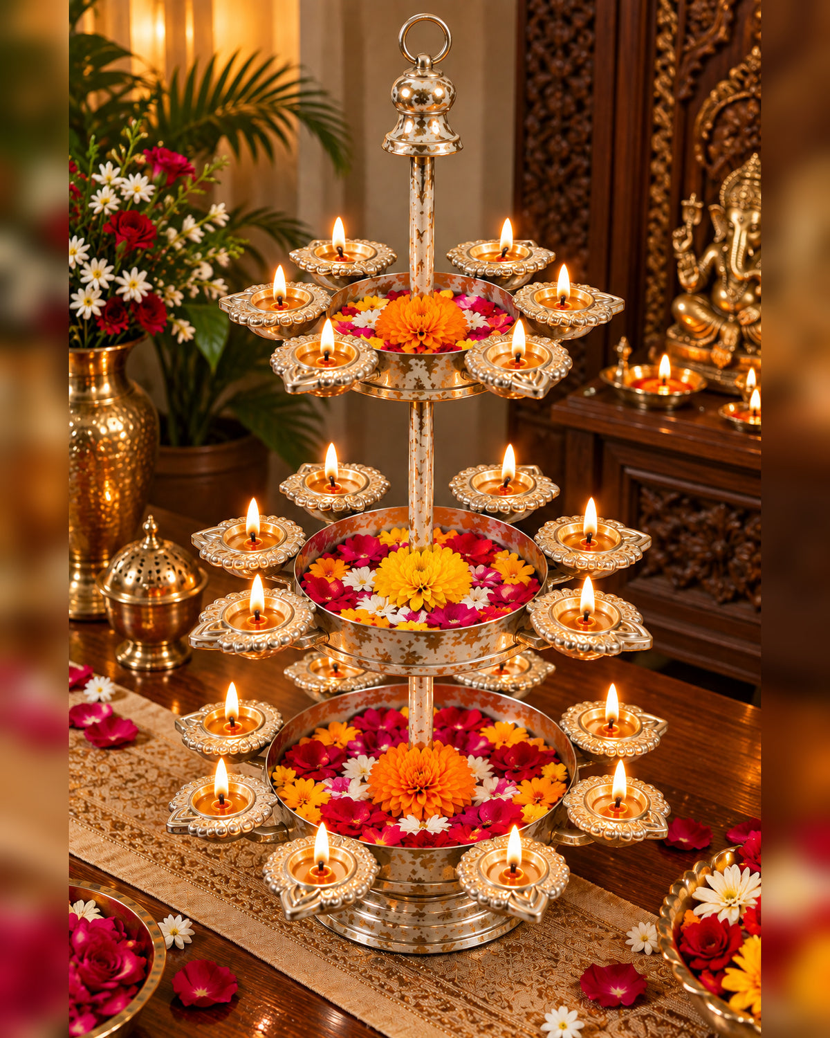 3 Tier Diya Stand with Urli Bowls