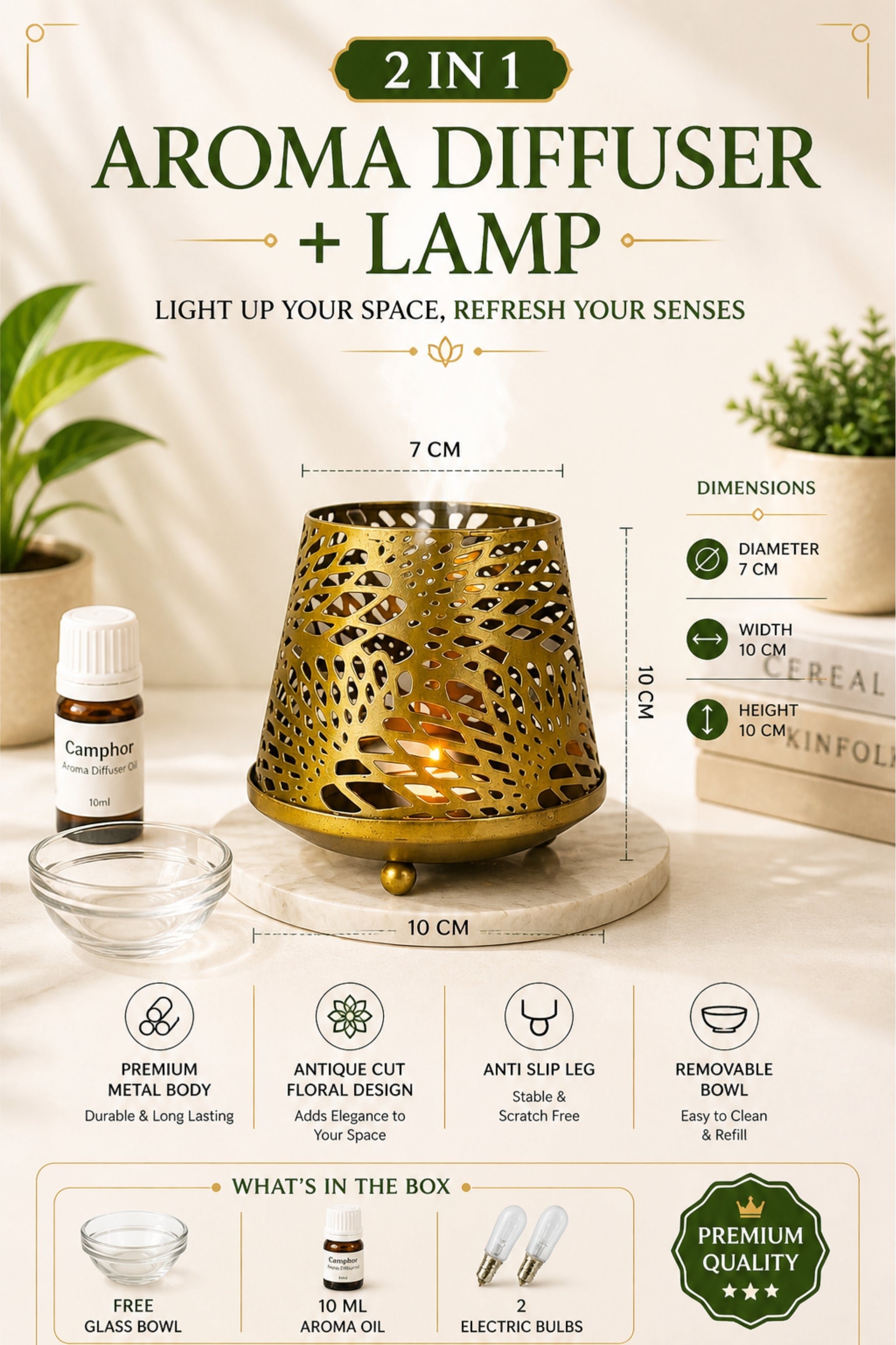Premium Gold Metal Aroma Oil Burner Set with Tea Light Candles & Essential Oil | Decorative Cutwork Candle Diffuser | Warm Ambient Fragrance Burner | Elegant Home Décor & Gifting Combo