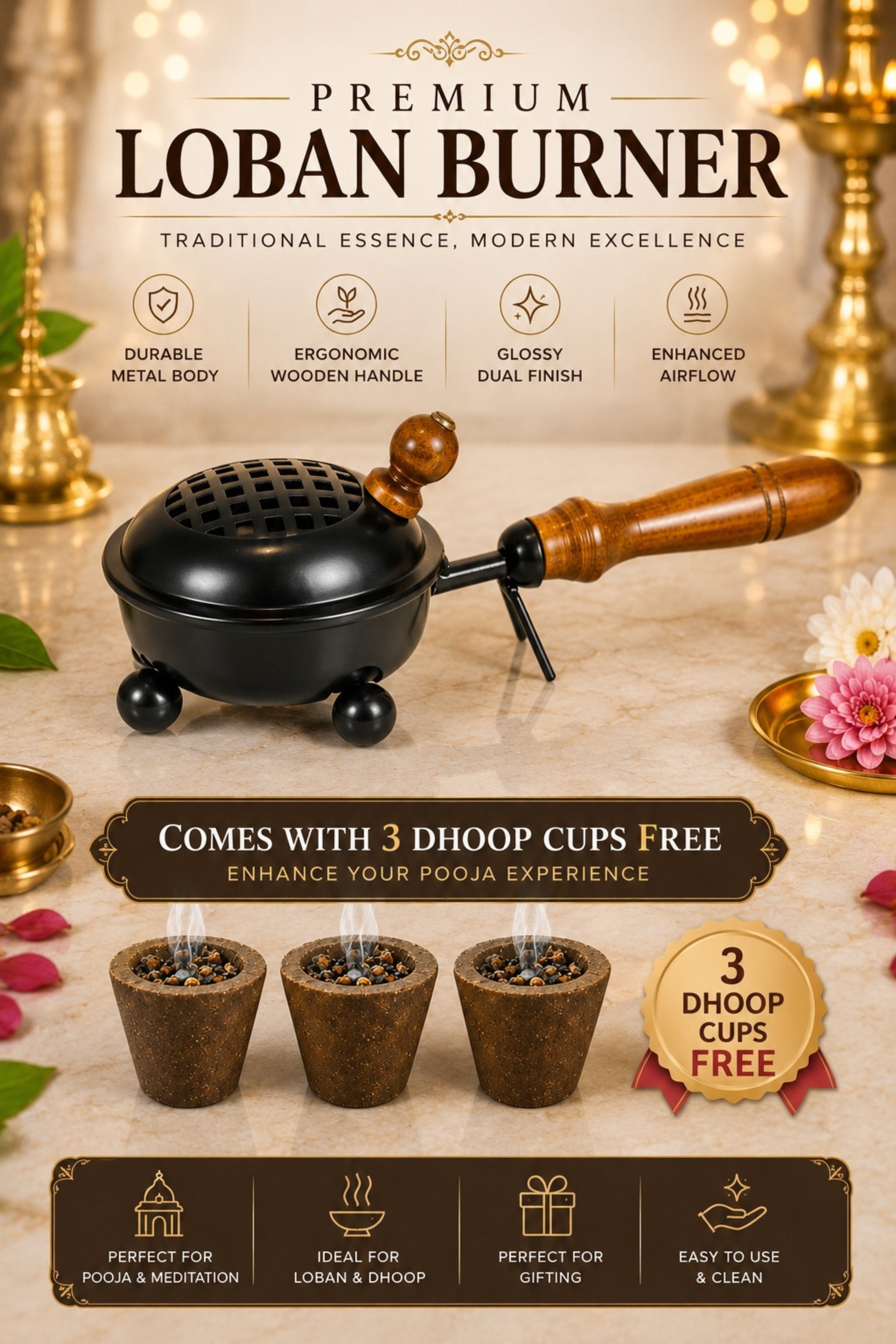 Black Metal Dhoop Dani with Wooden Handle & Lid for Pooja, Loban & Sambrani Burning | Covered Incense Burner for Home Temple, Havan, Vastu & Daily Use Puja Item