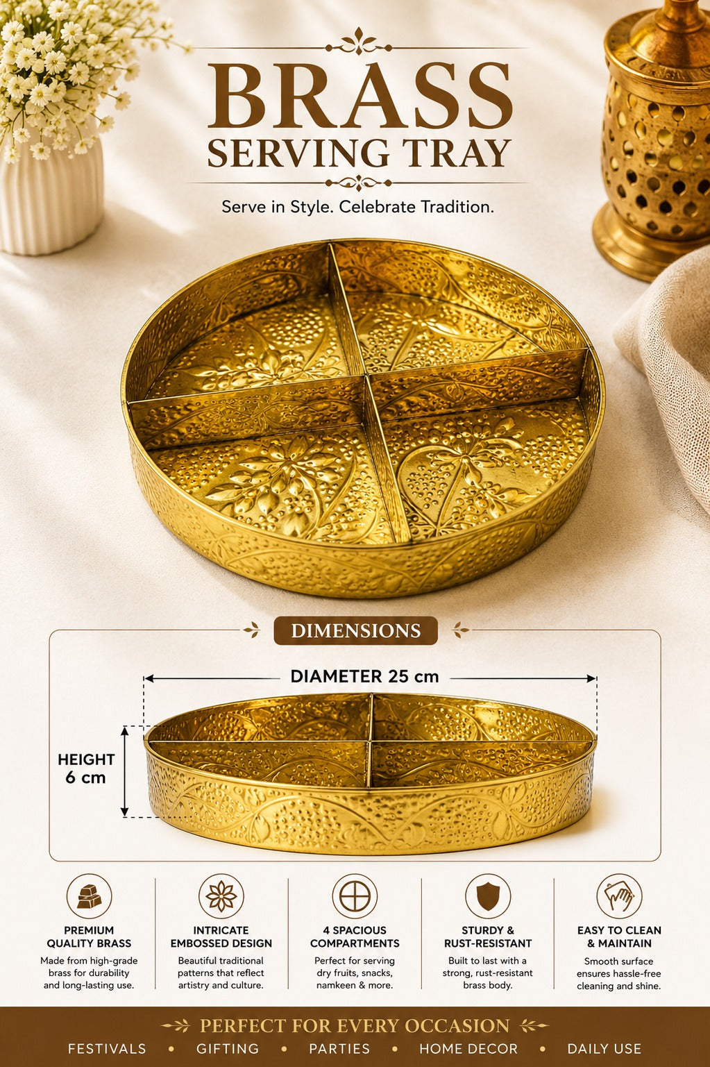 Premium Brass Dry Fruit Serving Tray with 4 Compartments | Round Brass Snack Platter | Dry Fruit, Namkeen, Candy & Mukhwas Organizer | Decorative Serving Tray | Festive Gift