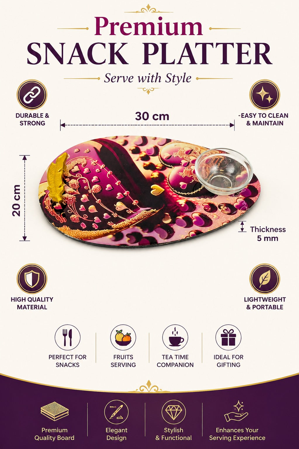 Premium Oval MDF Snack Serving Platter with Glass Dip Bowl & Gold Feather Handle | Decorative Multipurpose Serving Tray for Snacks, Dry Fruits, Desserts & Tea Time