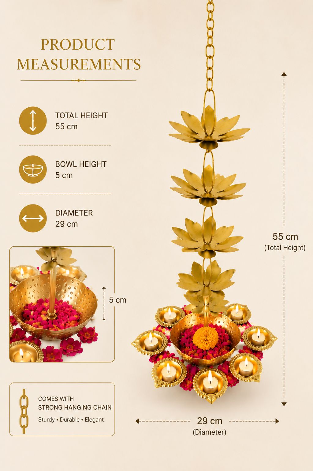 Premium Hanging Lotus Urli with 9 Diya Holders | Decorative Metal Hanging Urli for Floating Flowers, Candles & Water Décor | Traditional Hanging Diya Urli for Diwali, Pooja, Wedding & Home Decoration