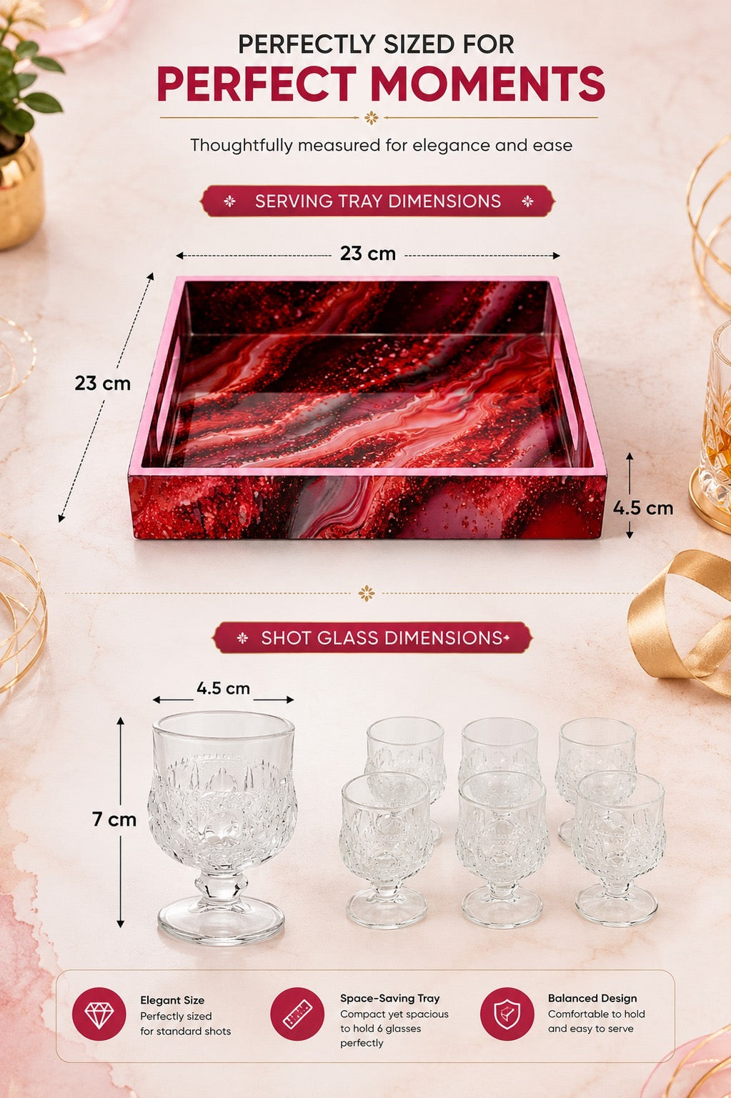 Premium Designer Shot Glass Set with Resin Serving Tray | 6 Crystal Clear Heavy Base Shot Glasses for Whiskey, Vodka, Tequila, Rum, Liqueur & Espresso Shots | Elegant Barware Gift Set for Home Bar