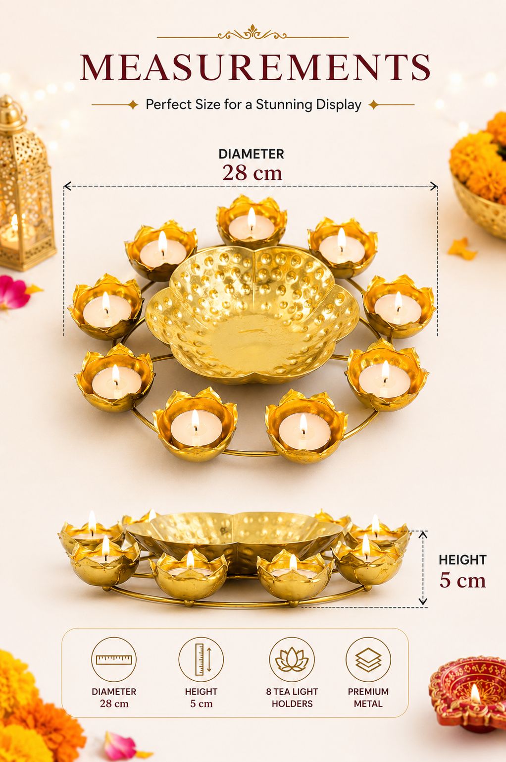 Premium Lotus Urli Bowl with 8 Tea Light Holders | Hammered Metal Decorative Floating Flower Bowl | Gold Finish Centerpiece for Diwali, Pooja, Weddings, Festivals, Home Décor & Gifting