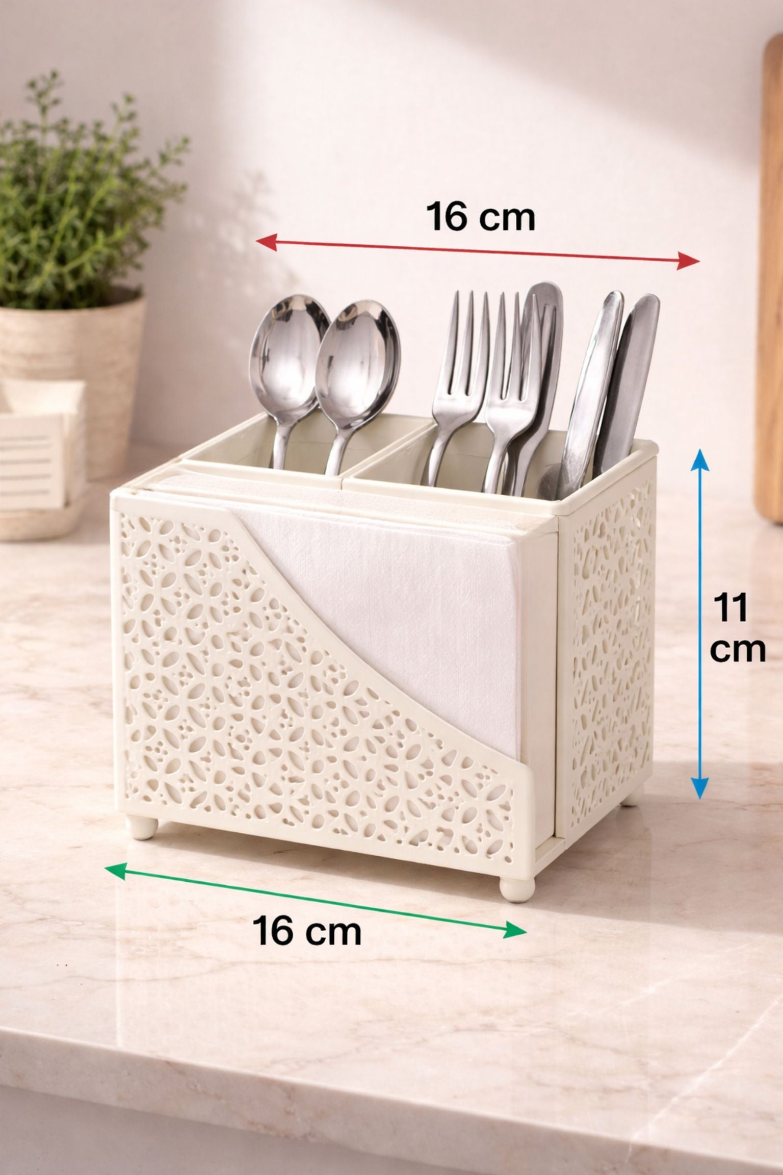 Premium 2-in-1 Cutlery & Napkin Holder | Elegant Cream Metal Organizer with Laser Cut Floral Design | Tabletop Storage for Spoons, Forks, Knives & Tissue | Kitchen & Dining Decor