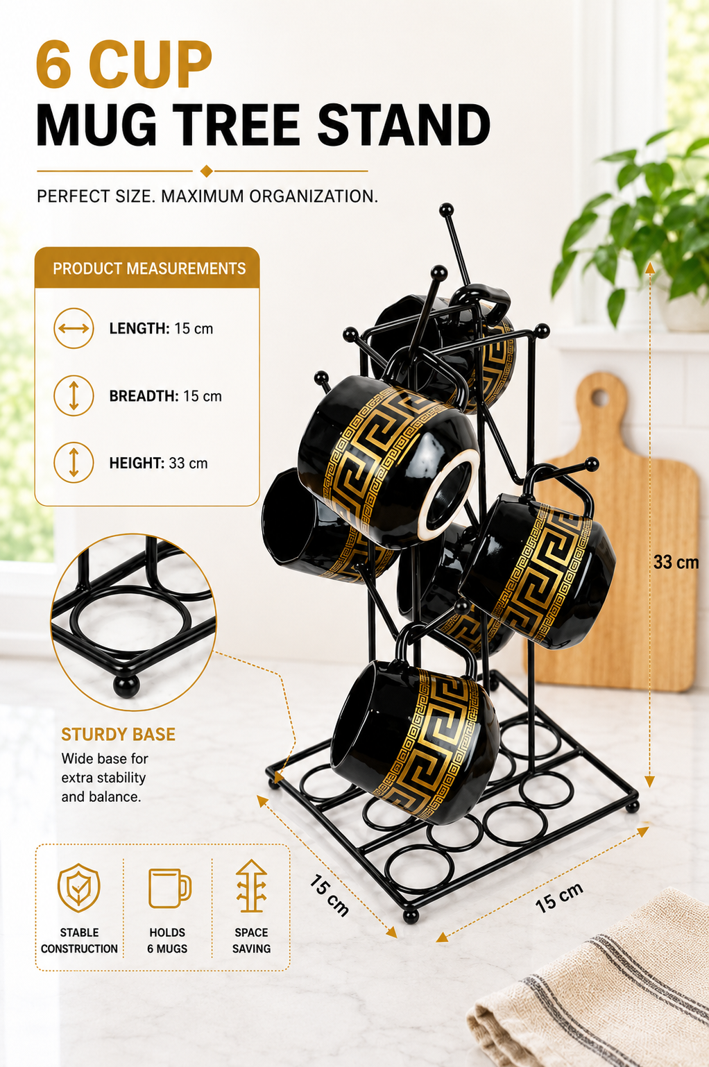 6 Cup Mug Tree Stand | Metal Coffee Mug Holder Stand for Kitchen Counter | Space Saving Mug Organizer Rack | Durable Cup Storage Stand for Home, Office & Café