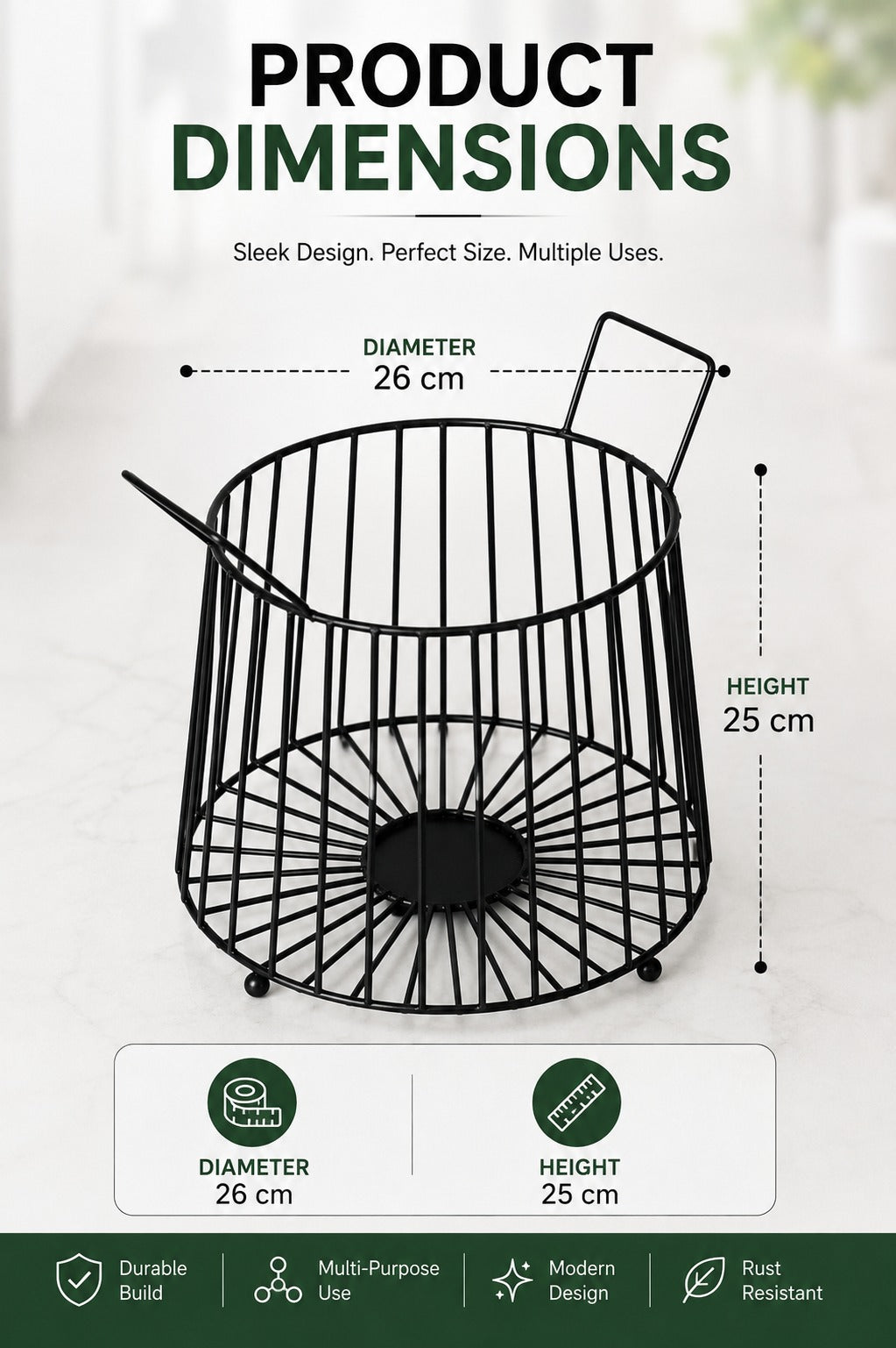 Modern Metal Fruit Basket | Round Wire Storage Basket with Handles | Decorative Kitchen & Dining Table Organizer