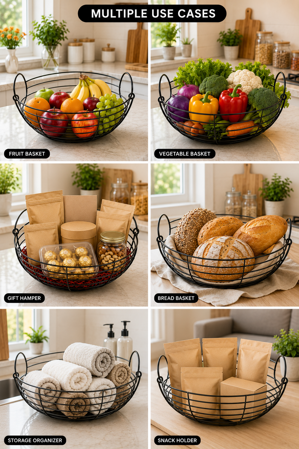 Modern Metal Fruit & Vegetable Basket | Large Round Wire Storage Basket with Handle | Kitchen & Dining Organizer