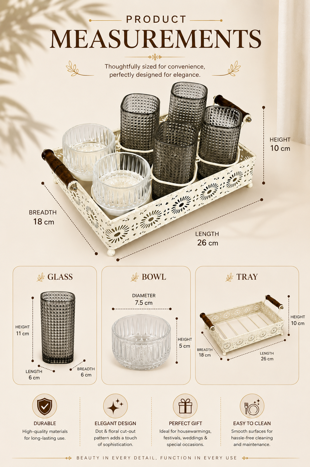 Premium Smoke Grey Glass Serving Set with Metal Tray | 4 Textured Drinking Glasses, 2 Glass Bowls & Decorative Metal Serving Tray with Wooden Handles | Elegant Snack & Beverage Set for Home
