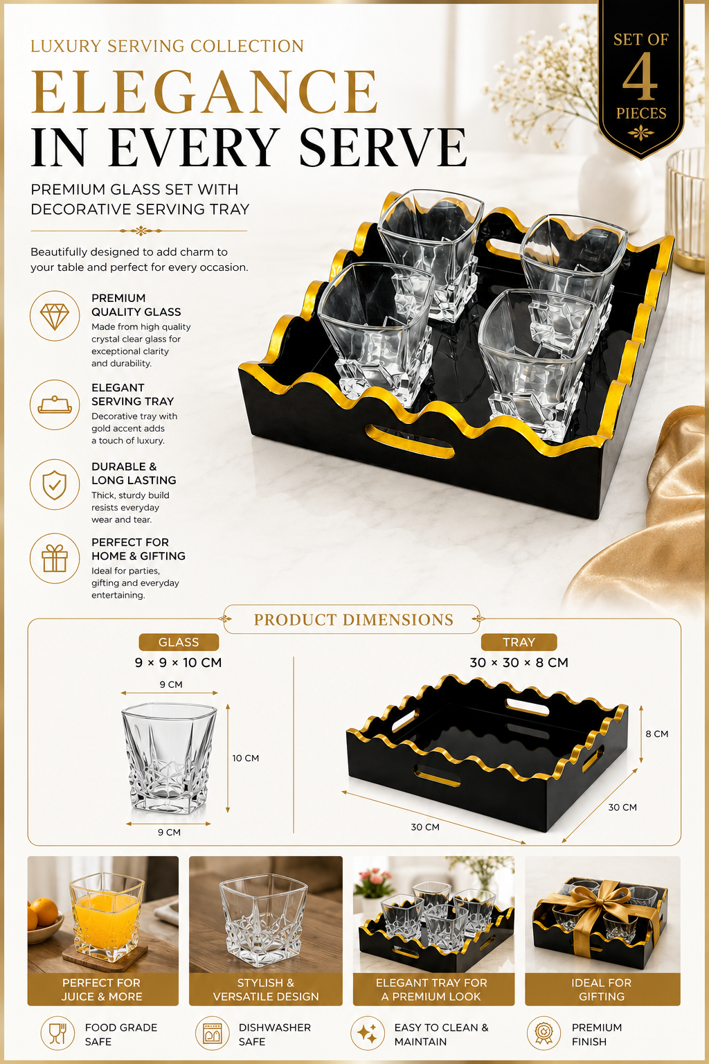 Premium Square Crystal Glass Set with Decorative MDF Serving Tray | 4 Heavy Base Drinking Glasses with Luxury Black & Gold Tray | Whisky, Juice, Water, Cocktails & Gift Set for Home Bar