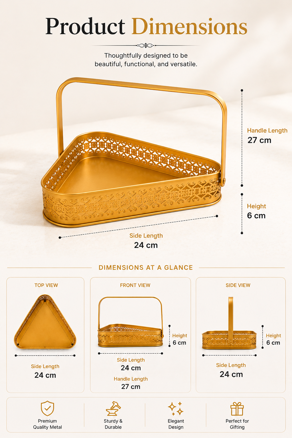 Premium Triangle Metal Basket with Handle (Medium) | Decorative Gold Serving Basket | Gift Hamper Basket | Dry Fruit, Snacks & Organizer Tray | Metal Storage Basket for Home Décor