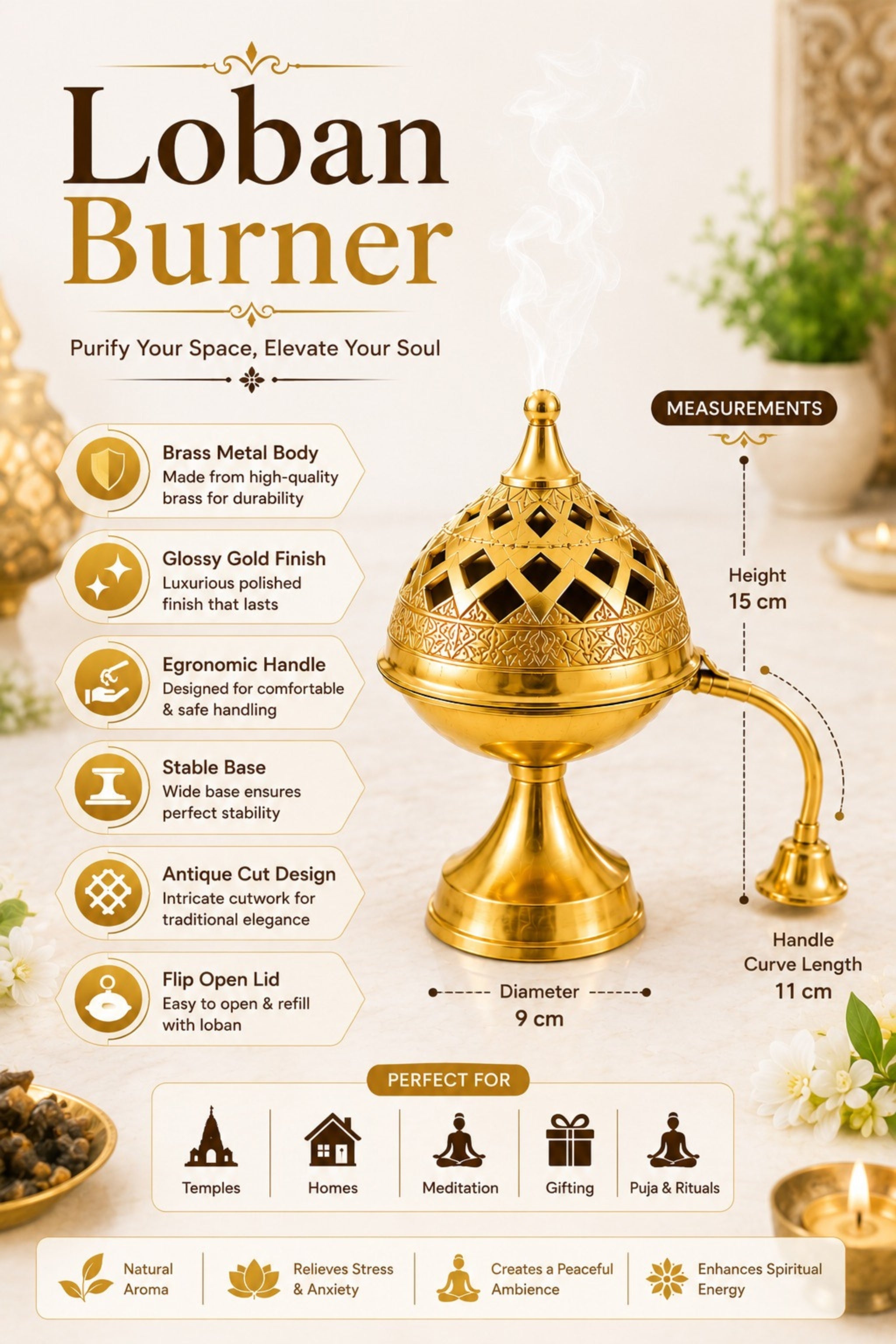 Premium Brass Loban Burner with Handle | Handcrafted Brass Dhoop Dani for Loban, Sambrani Cups, Bakhoor, Resin Incense & Dhoop | Hinged Lid Pooja Incense Burner for Home Temple, Meditation & Gifting