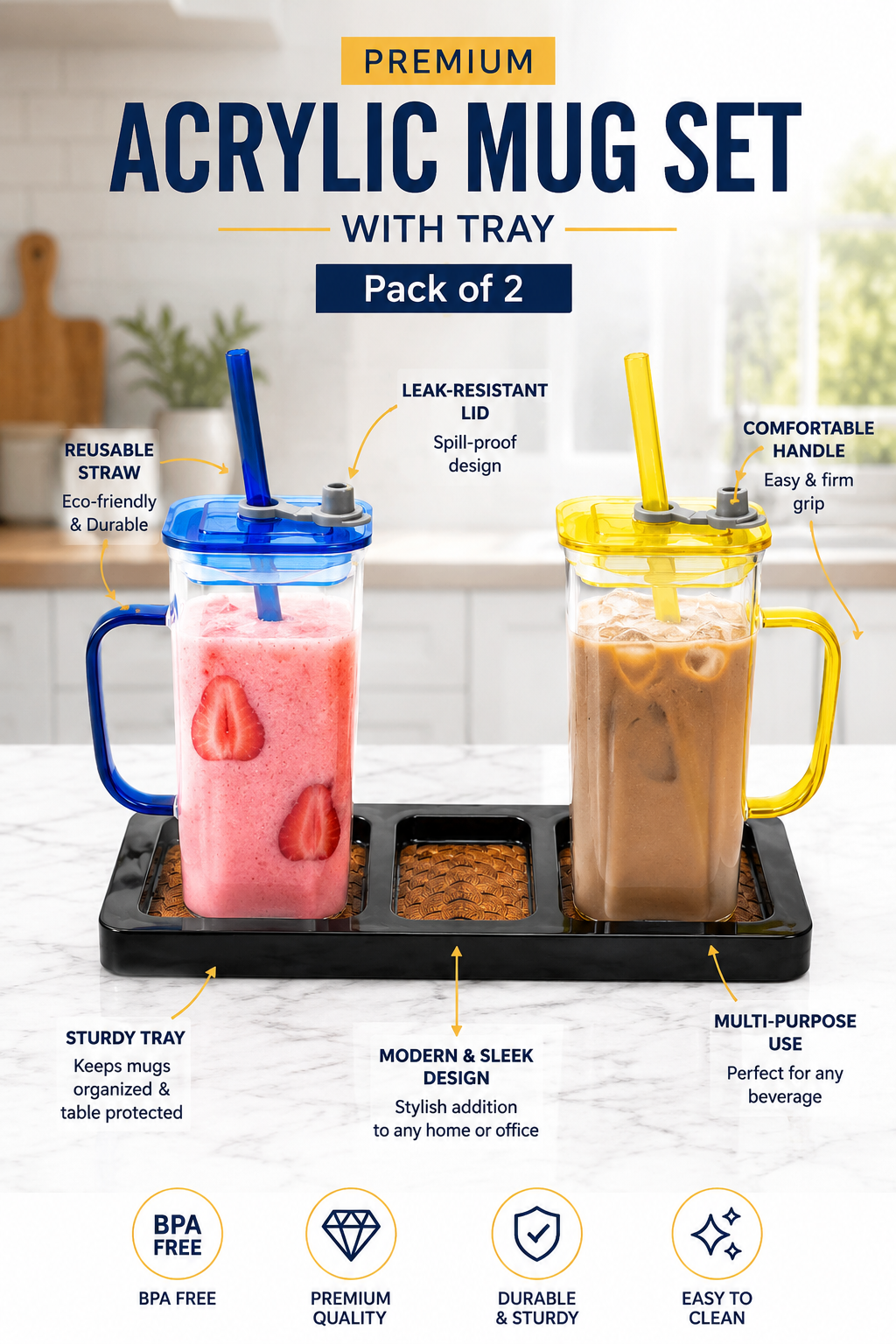 Double Wall Juice Glass Set Of 2 With Lid & Straw With MDF Serving Tray | Square Transparent Drink Glasses For Juice Water Cold Coffee Smoothies
