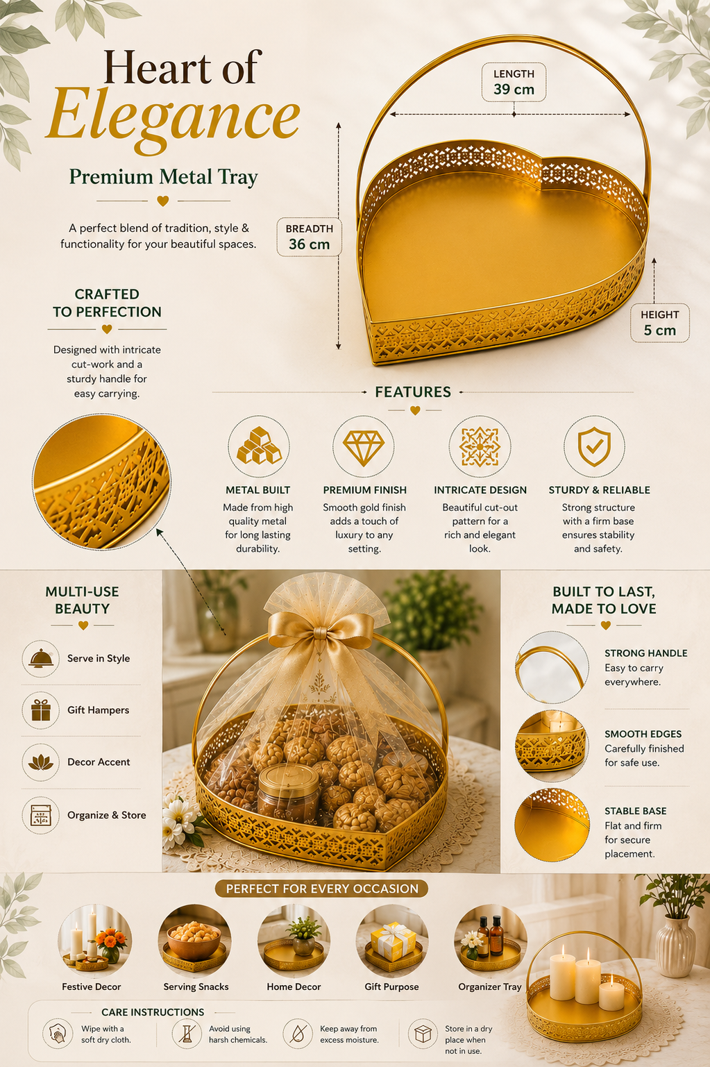 Premium Extra Large Heart-Shaped Metal Gift Hamper Basket with Handle | Decorative Gold Serving Tray for Dry Fruits, Chocolates, Gifts & Festive Hampers | Luxury Organizer for Home Décor, Weddings & Diwali