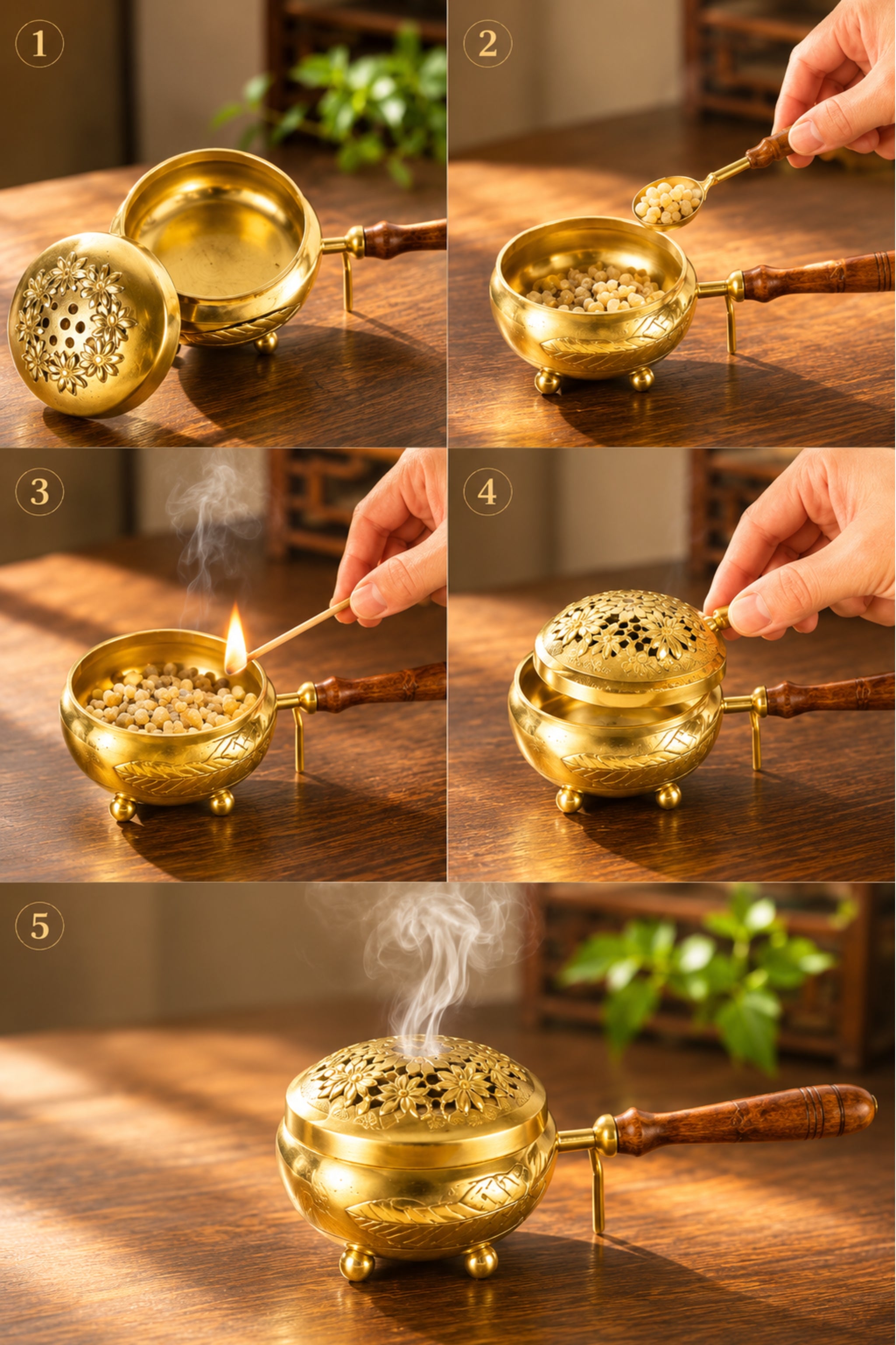 Brass Loban Incense Burner with Wooden Handle | Floral Design Dhoop Dani Dhuni Sambrani Bakhoor Burner | Handheld Incense Holder