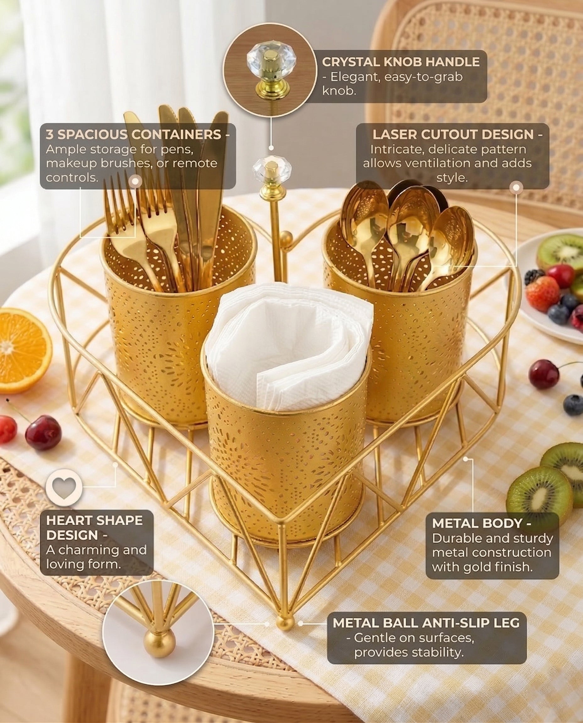 Premium 3-Compartment Metal Cutlery & Napkin Holder | Elegant Gold Finish Galvanized Organizer with Stand | Spoon, Fork, Knife & Tissue Storage for Dining Table & Kitchen Décor