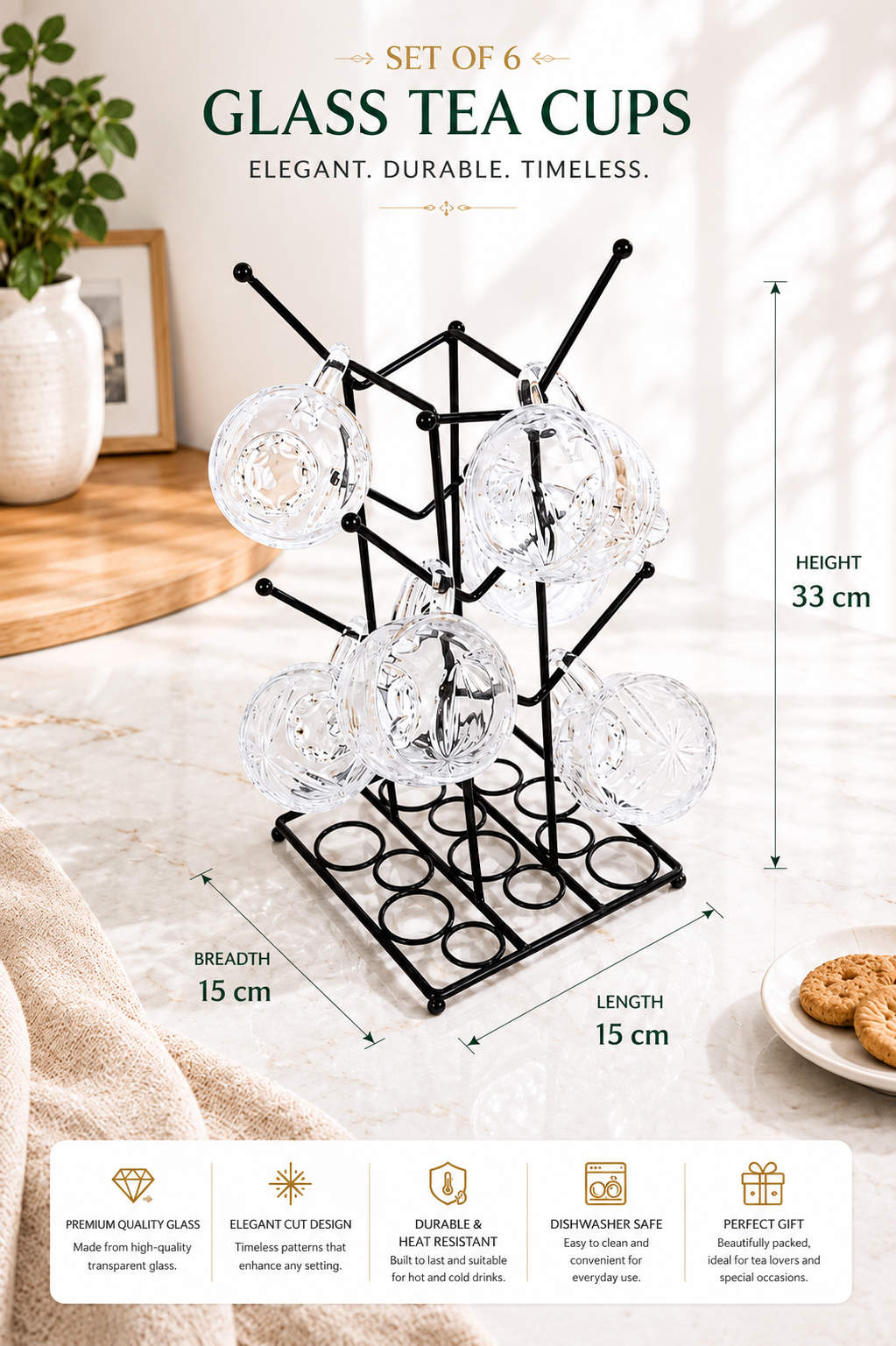Premium Transparent Glass Cup Set with Metal Stand | 6 Pcs Designer Tea & Coffee Cups | Elegant Clear Glassware with Space-Saving Holder | Modern Drinkware for Home, Kitchen & Gifting
