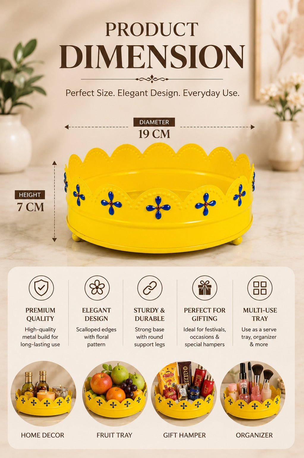 Premium Decorative Metal Round Tray (Yellow) | Yellow Multipurpose Gift Hamper Basket | Floral Serving Tray | Fruit, Cosmetics, Organizer & Home Decor Tray | 19 cm