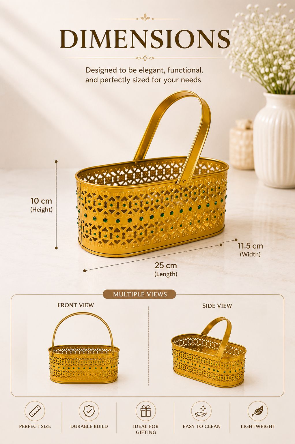 Premium Decorative Metal Gift Basket with Handle | Gold Finish Storage Basket | Dry Fruit, Gift Hamper, Fruit Basket, Home Decor & Multipurpose Organizer | 25 x 11.5 x 10 cm