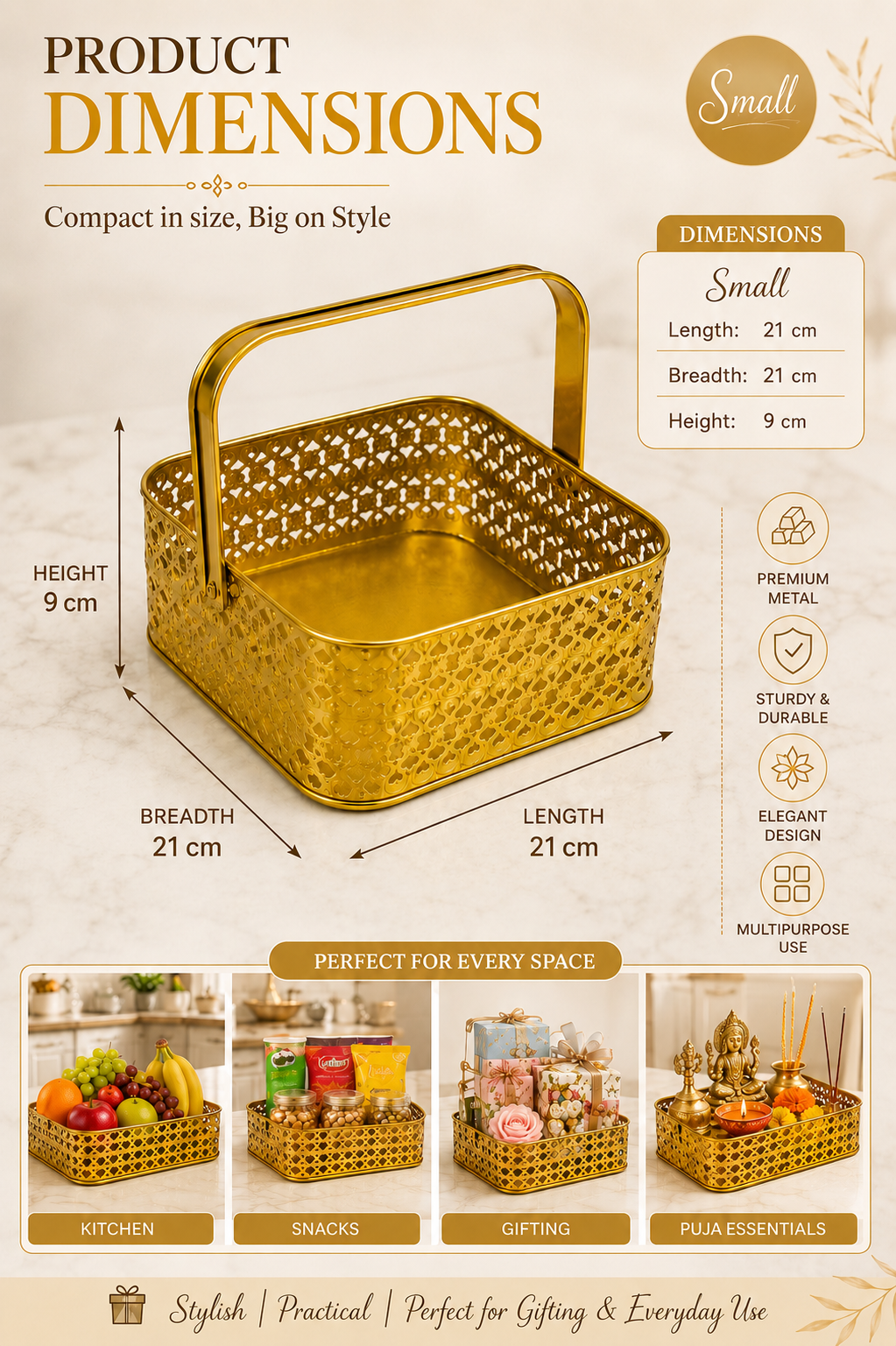 Premium Golden Metal Gift Basket with Handle | Small Decorative Storage Basket | Multipurpose Fruit Basket, Dry Fruit Hamper, Pooja Basket, Vanity Organizer & Home Decor | 21 x 21 x 9 cm