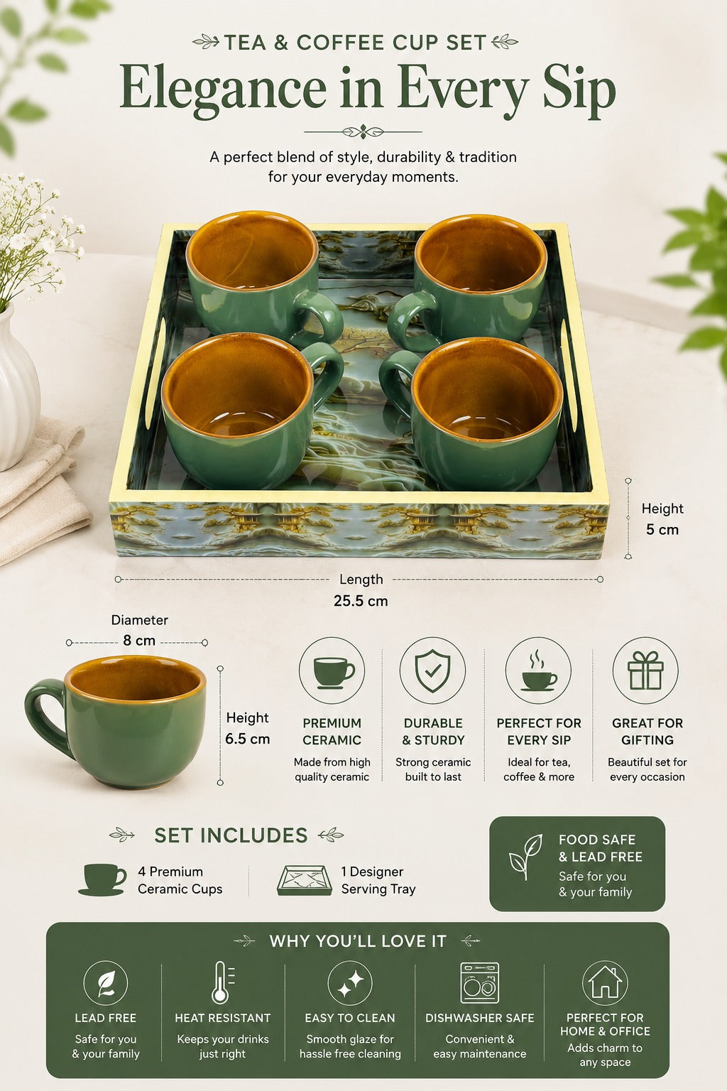 Set of 4 Ceramic Tea & Coffee Cups with Designer Serving Tray | Sage Green Coffee Mug Set | Premium Ceramic Cups for Home Kitchen & Gifting