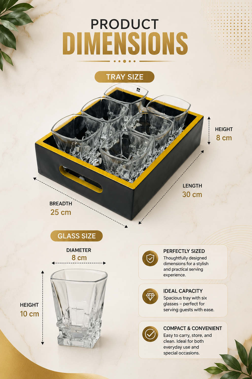 Premium Square Whiskey Glass Set with MDF Serving Tray | 6 Crystal Clear Heavy Base Drinking Glasses for Whisky, Scotch, Cocktails, Juice & Water | Elegant Drinkware Gift Set for Home Bar