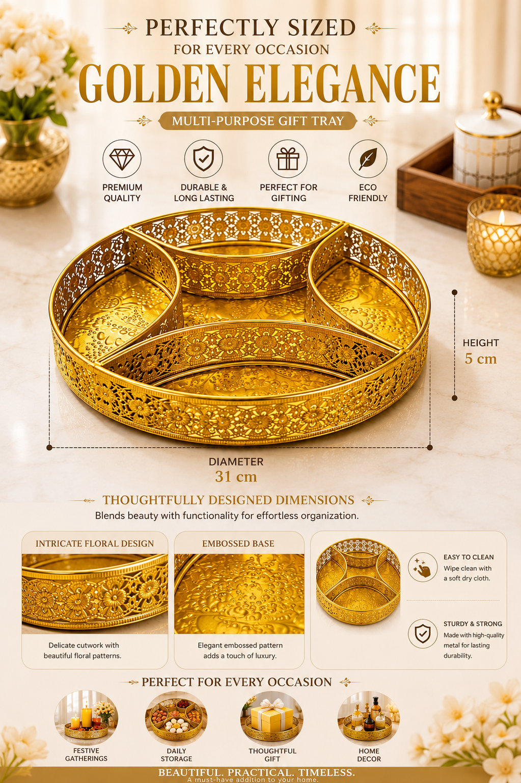 Premium Brass Multi-Compartment Gift Tray | Round Decorative Serving Tray with 4 Sections | Dry Fruit, Sweets, Chocolates, Snacks & Gift Hamper Organizer | Festive Brass Platter