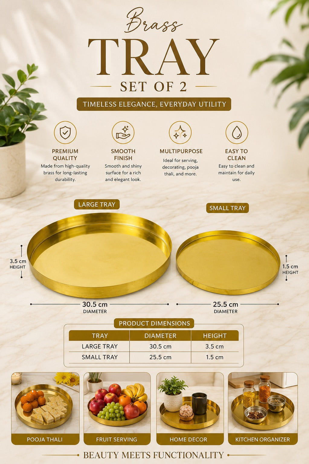 Premium Brass Metal Tray Set of 2 | Round Multipurpose Serving, Pooja & Decorative Trays | Large & Small Brass Finish Trays for Kitchen, Home Décor & Gifting