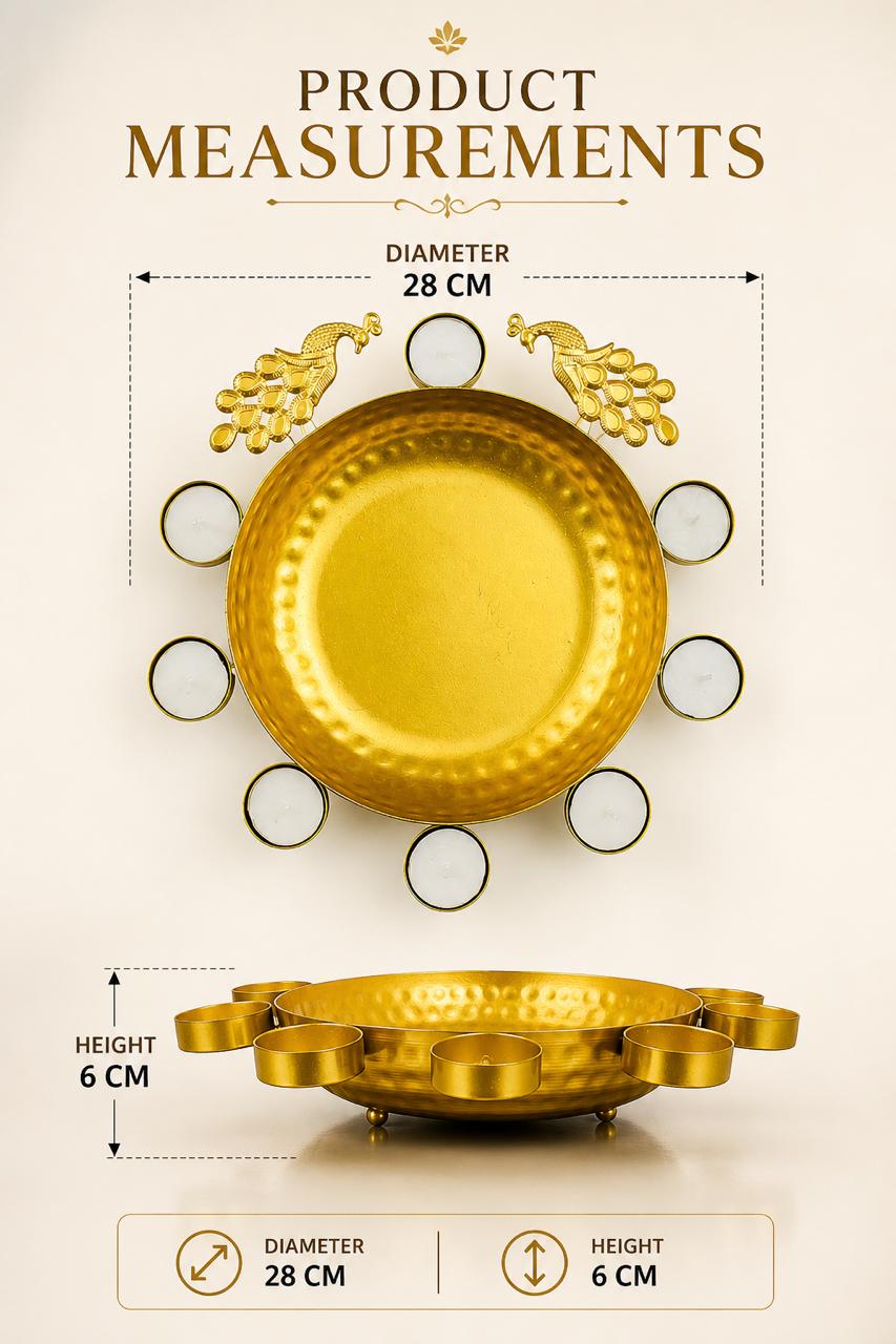 Premium Peacock Urli Bowl with 8 Tealight Holders | Decorative Metal Floating Flower Urli for Water, Candles & Tea Lights | Traditional Pooja Bowl for Diwali, Wedding, Home & Festive Decoration