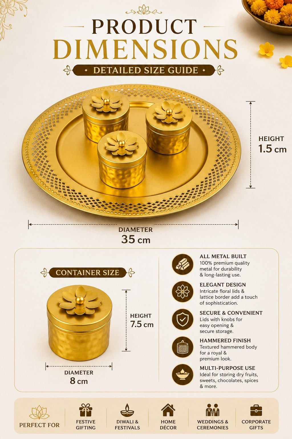 Premium Metal Dry Fruit Serving Tray Set with 3 Containers | Decorative Round Platter with Floral Lid Jars | Multipurpose Snack, Sweet, Mukhwas & Festive Serving Set for Home & Gifting