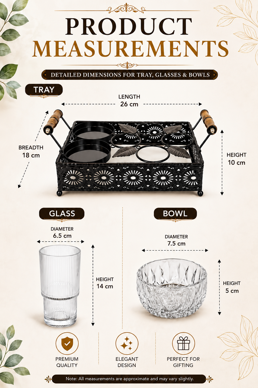 Premium Metal Serving Tray Set with 4 Glasses & 2 Crystal Bowls | Decorative Beverage & Snack Serving Set with Wooden Handles | Tea, Coffee, Juice, Dry Fruit & Party Serving Tray for Home
