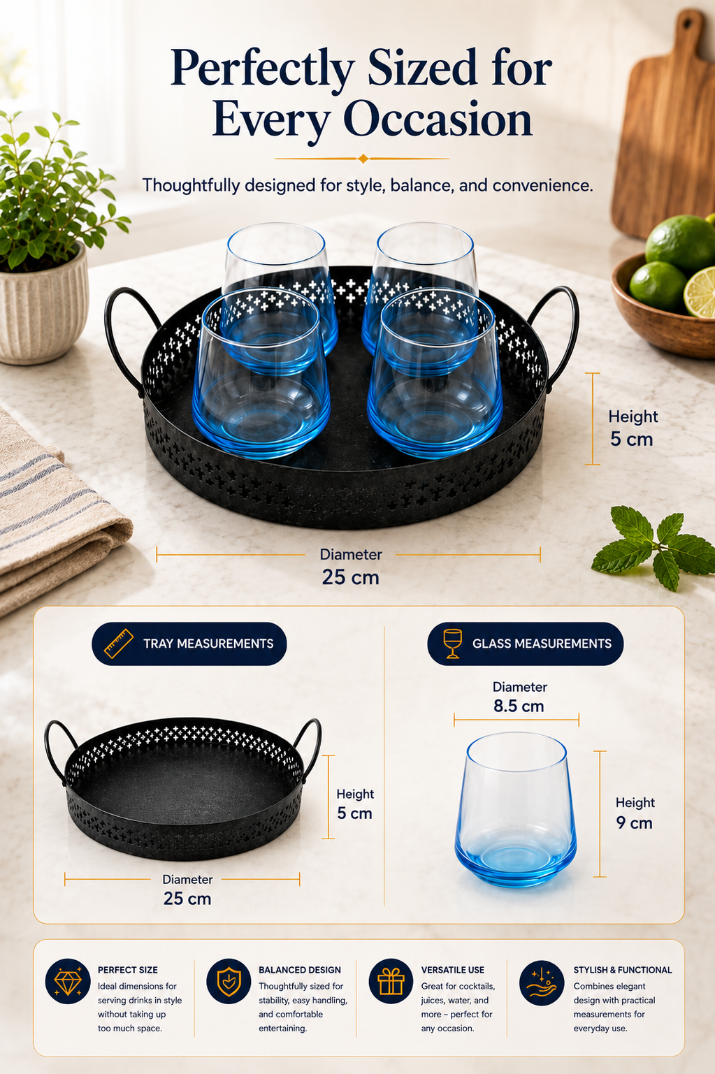 Premium Glass Drinkware Set with Metal Serving Tray | Set of 4 Whisky, Cocktail & Juice Glasses with Iron Stand | Elegant Beverage Serving Set for Home Bar, Parties & Dining