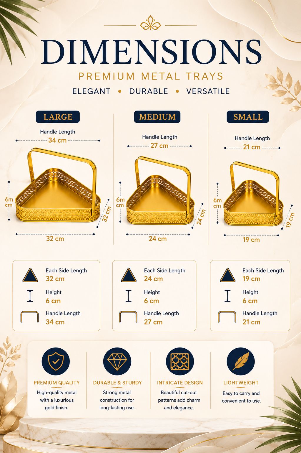 Premium Triangle Metal Basket Set of 3 (Small, Medium & Large) | Gold Metal Gift Hamper Baskets with Handle | Decorative Serving & Organizer Basket Set | Fruit, Dry Fruit & Storage Tray