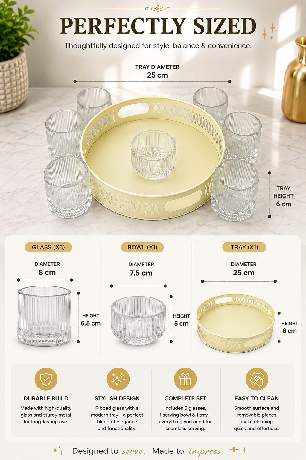 Premium Dancing Glass Serving Set with Round Metal Tray | 6 Self-Balancing Rocking Glasses & 1 Crystal Snack Bowl | Beverage Serving Set for Whisky, Cocktails, Juice, Tea & Home Entertaining