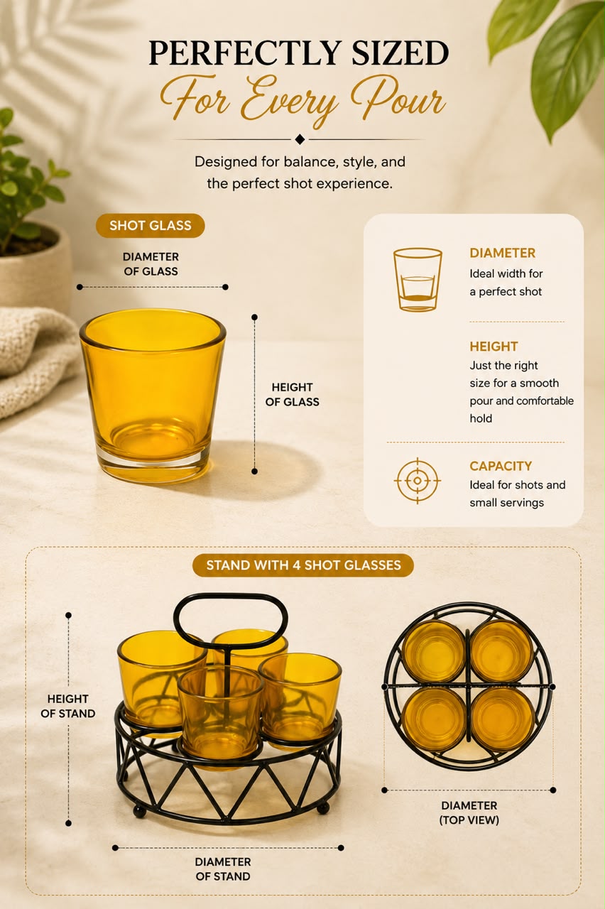Shot Glass Set Of 4 With Metal Stand | Amber Glass Mini Shot Cups With Round Iron Holder | Dhaba Style Serving Set For Vodka Tequila Whiskey