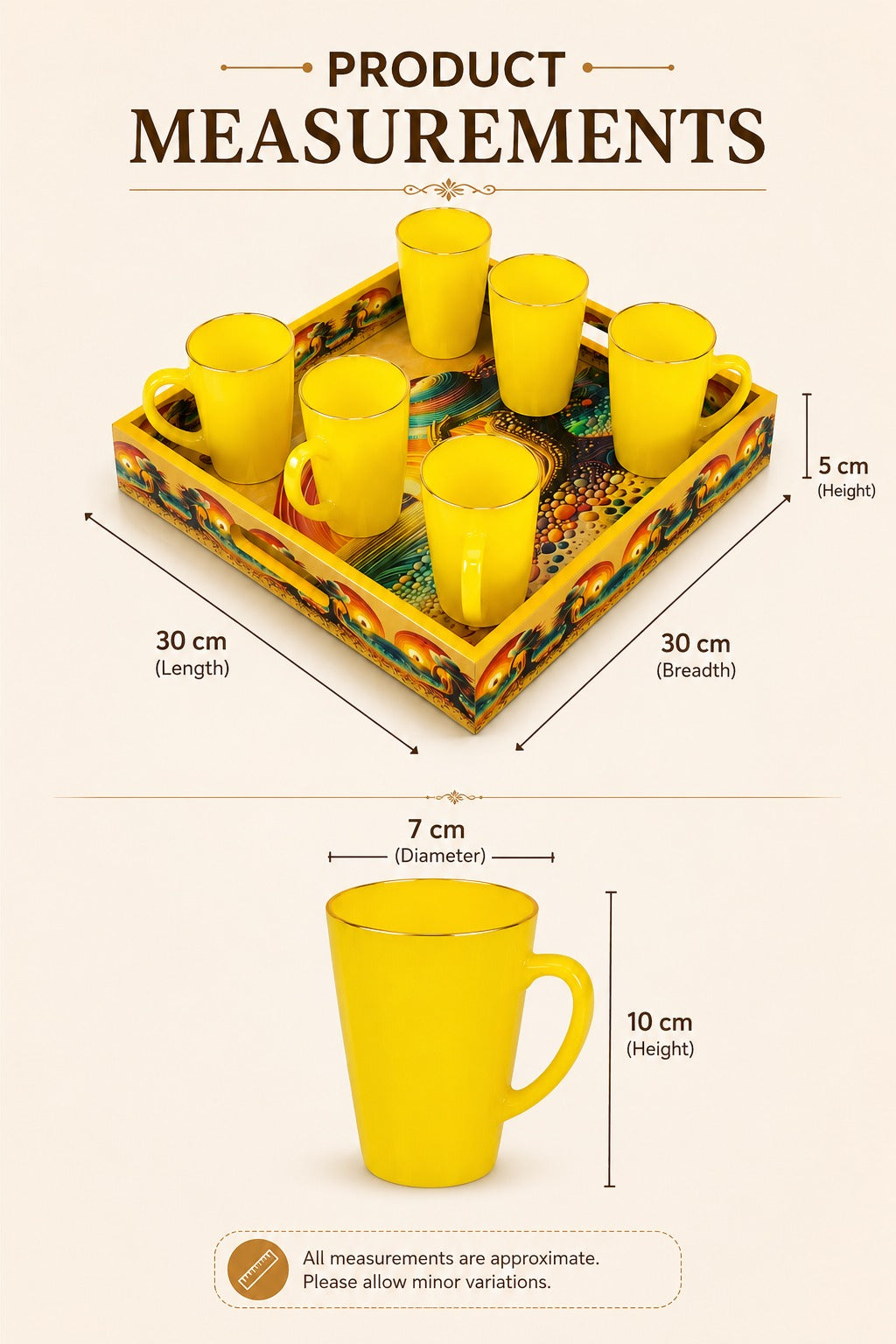 Premium 6 Yellow Glass Mug Set with Designer Serving Tray | Tea & Coffee Mug Set | Decorative Drinkware Set for Home, Office & Gifting