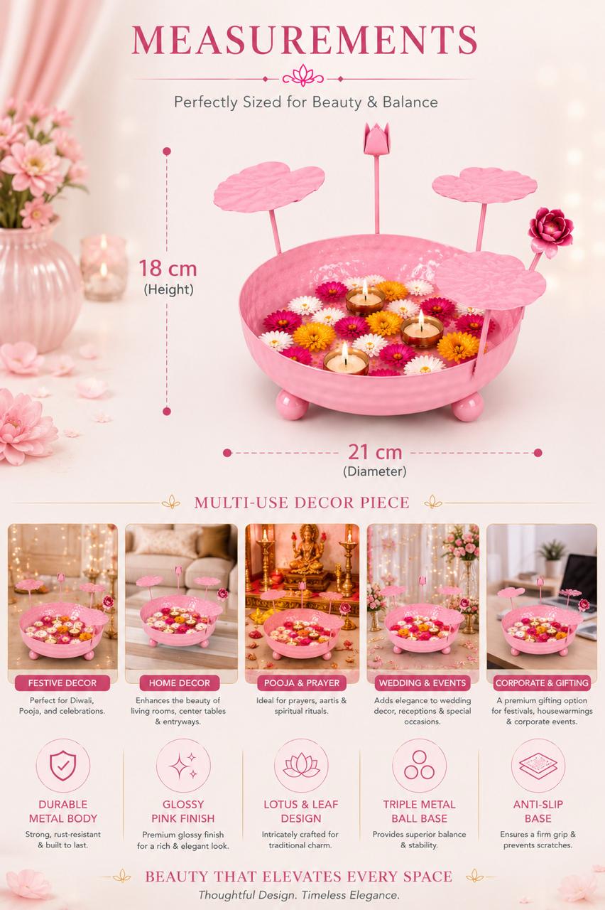 Galvanized Metal Urli Bowl for Floating Flowers & Candles | Decorative Urli with Lotus Stems for Home & Festival Decor (Pink)