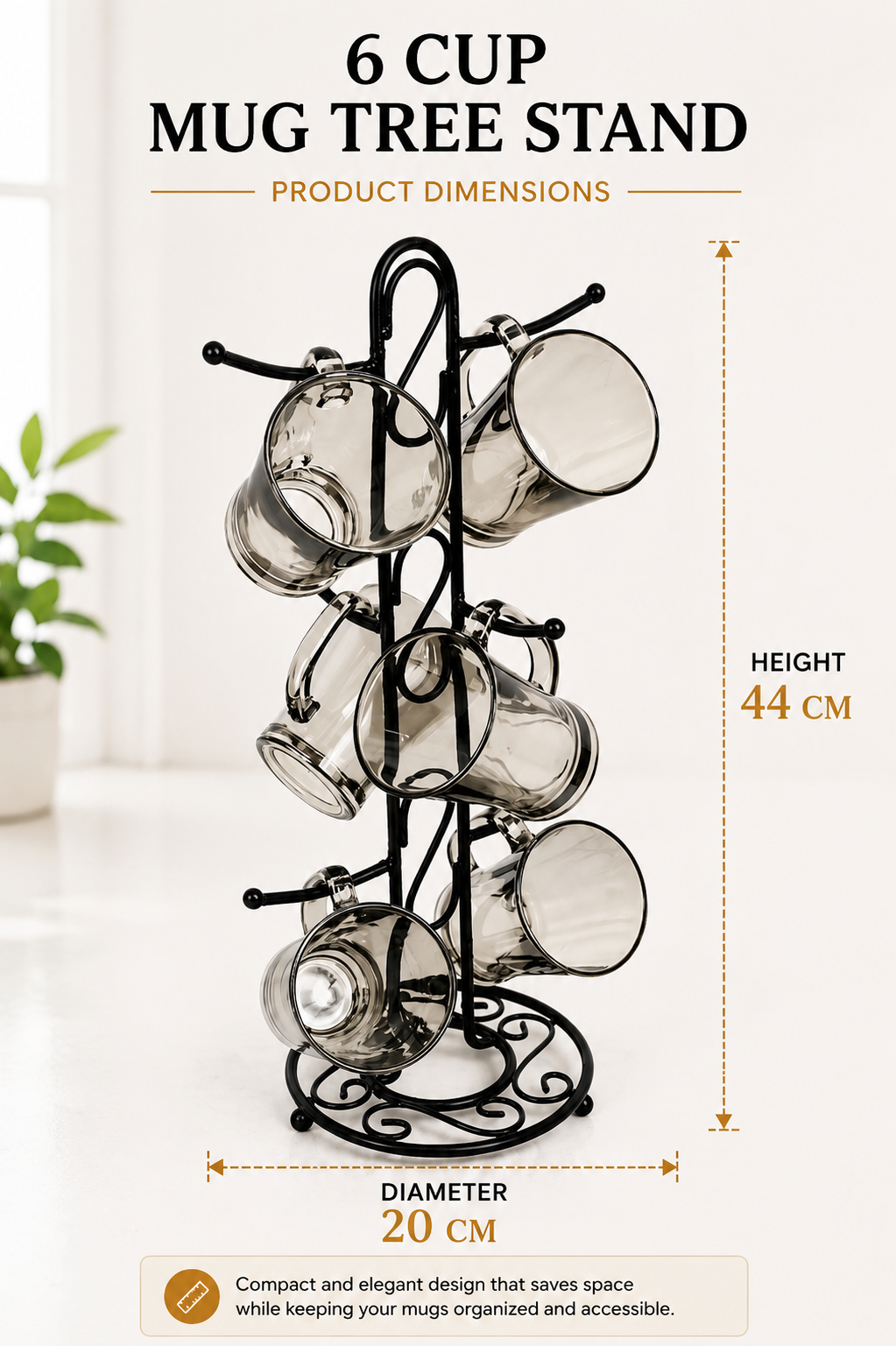 Premium Smokey Glass Mug Set Of 6 With Metal Stand | Transparent Borosilicate Coffee & Tea Cups With Holder | Space Saving Mug Stand For Kitchen & Home