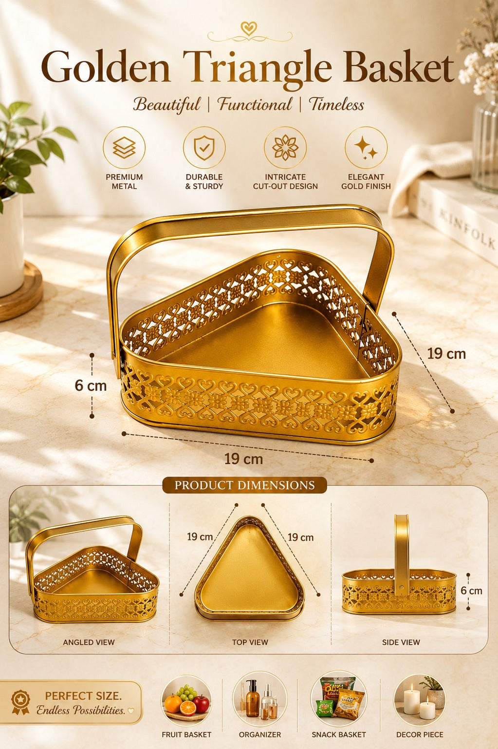 Premium Triangle Metal Basket with Handle (Small) | Decorative Gold Serving Basket | Gift Hamper Basket | Fruit & Dry Fruit Basket | Metal Organizer Tray for Home Décor