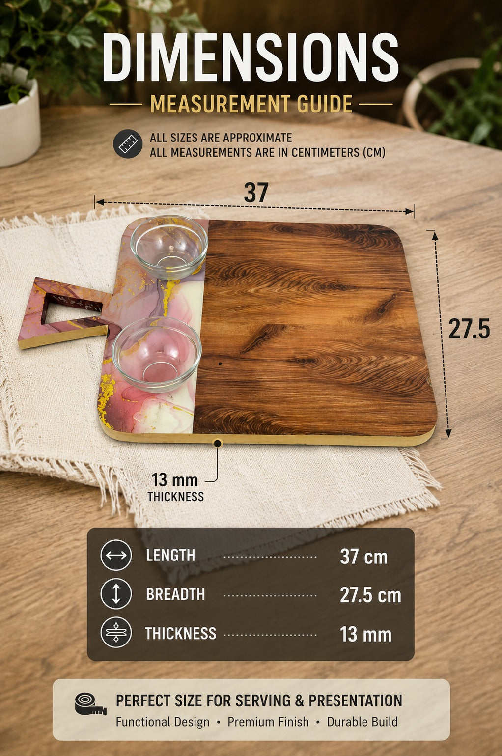 Premium Resin & Wood Serving Board with 2 Glass Bowls | MDF Cheese Board & Charcuterie Serving Platter | Multipurpose Snack, Bread, Fruit & Appetizer Serving Tray
