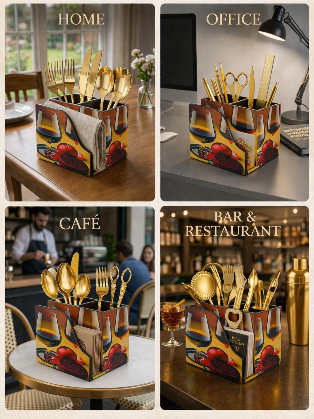 Premium MDF Cutlery & Napkin Holder | Designer Wine Printed Wooden Organizer with Dual Compartments | Spoon, Fork, Knife & Tissue Stand for Dining Table, Kitchen & Home Décor