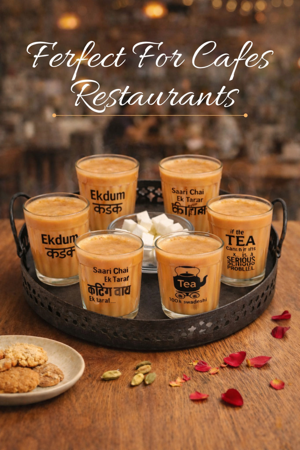 Premium Printed Cutting Chai Glass Set of 6 with Metal Tray & Snack Bowl | Designer Tea Glasses with Iron Serving Stand | Tapri Style Tea Coffee Set for Home, Café & Kitchen Use
