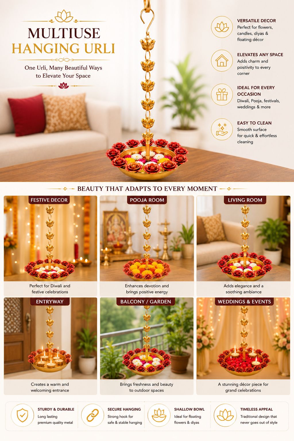 Premium Hanging Lotus Urli Bowl with Rose Rim Design | Decorative Metal Floating Flower Bowl with Lotus Chain | Hanging Urli for Water, Candles, Tea Lights, Diwali, Pooja, Wedding & Home Décor