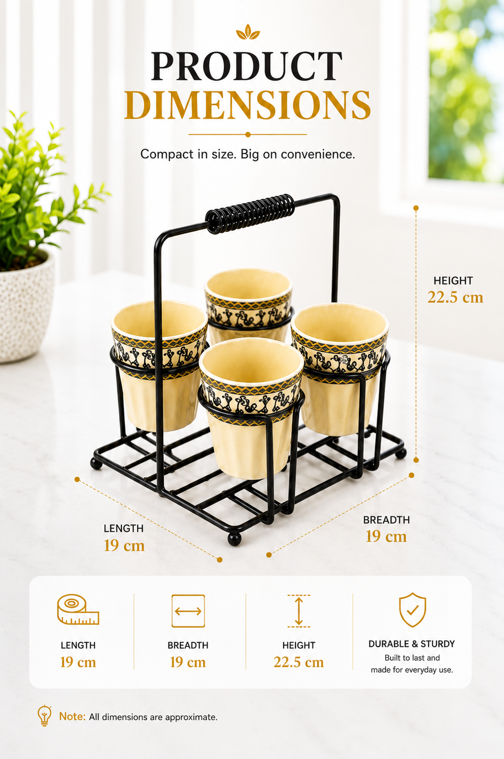 Set of 4 Ceramic Tea Cups with Metal Stand | Traditional Printed Kulhad Style Cups with Portable Holder | Tea Coffee Serving Set for Home Kitchen & Gifting