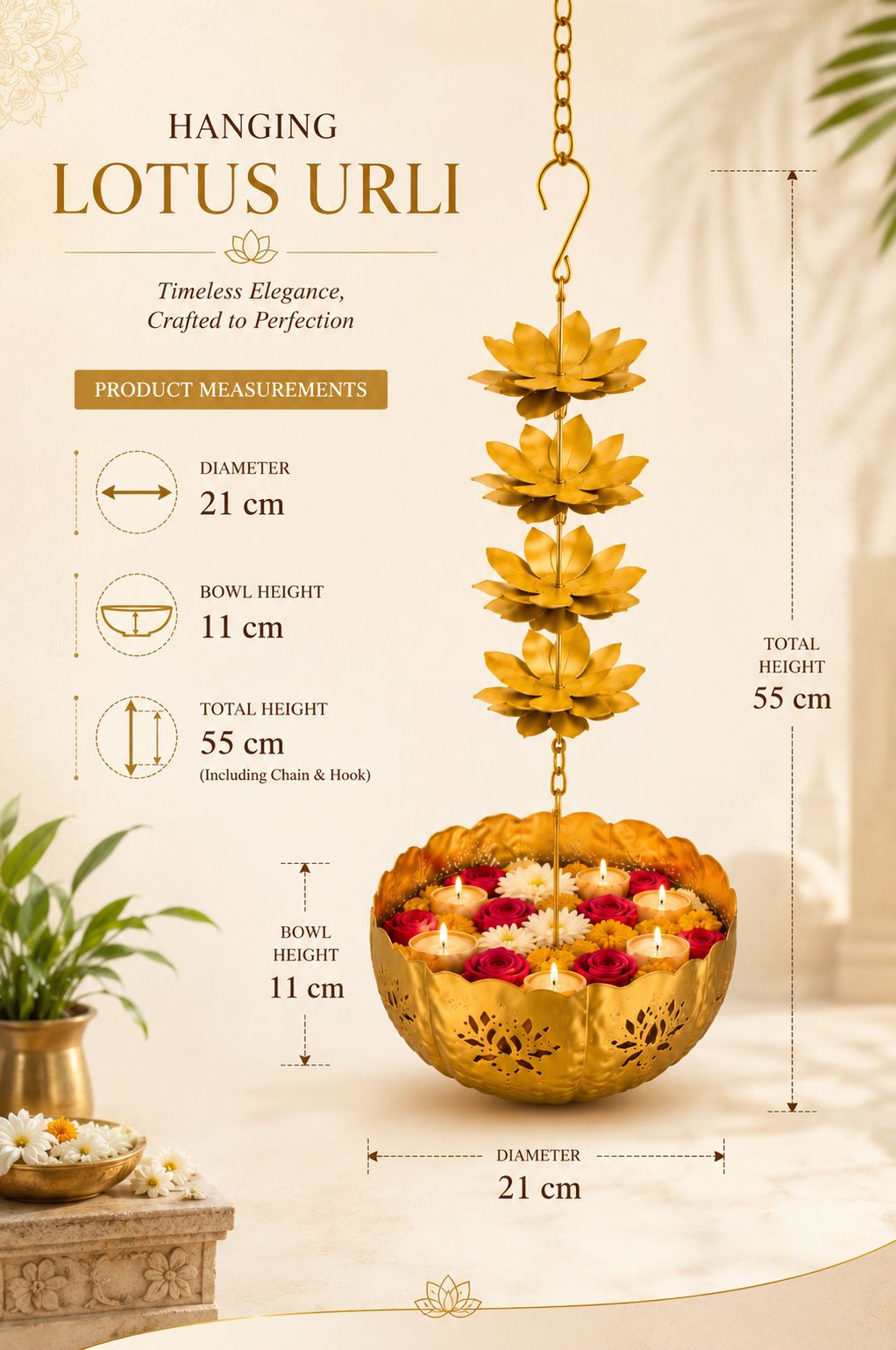 Premium Hanging Lotus Urli Bowl | Decorative Metal Hanging Flower Urli for Floating Flowers, Water & Candles | Traditional Hanging Urli for Diwali, Pooja, Wedding & Home Decoration