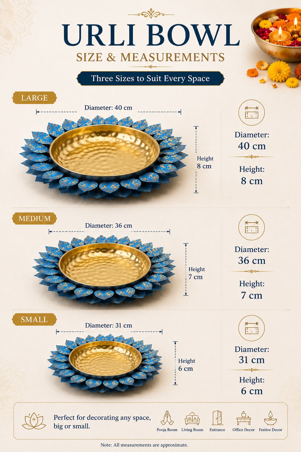Decorative Lotus Metal Urli Bowl Set for Floating Flowers & Candles | Designer Festival & Entrance Decor (Set of 3, Blue & Gold)