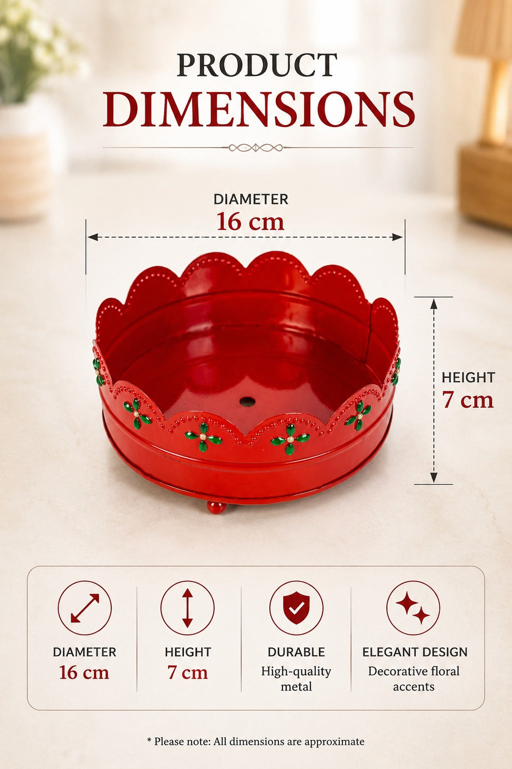 Premium Decorative Metal Gift Tray (Red) | Round Red Multipurpose Hamper Basket | Floral Cutwork Serving Tray | Fruit, Dry Fruit, Gift Packing & Home Decor Tray | 16 cm