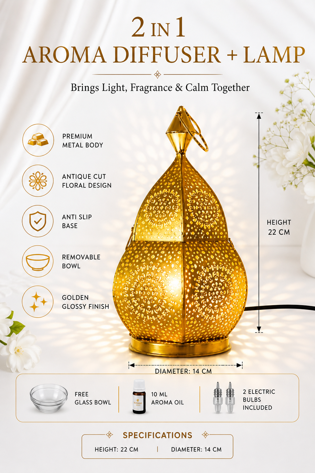 Premium Metal Aroma Diffuser Lamp with Essential Oil | Elegant Cutwork Design Electric Burner | Warm Ambient Light Aromatherapy Diffuser | Decorative Home Fragrance Lamp for Relaxation & Gifting