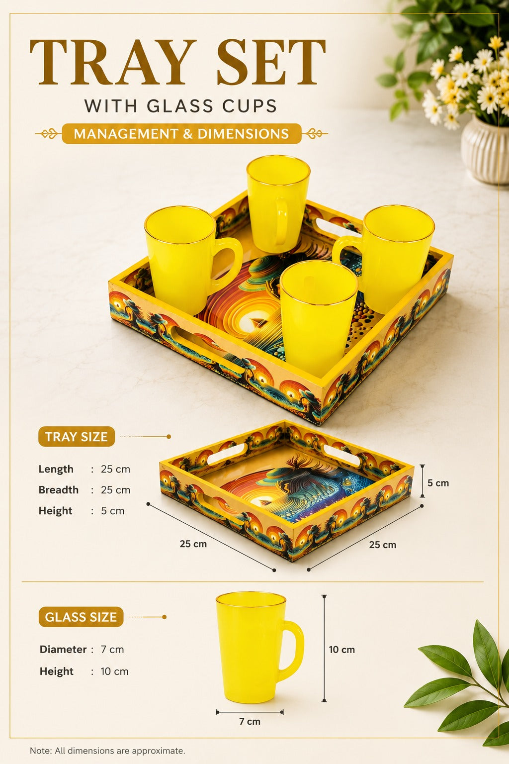 Set of 4 Yellow Glass Coffee Mugs with Designer Serving Tray | Premium Tea Coffee Cup Set | Decorative Serving Set for Home Kitchen & Gifting